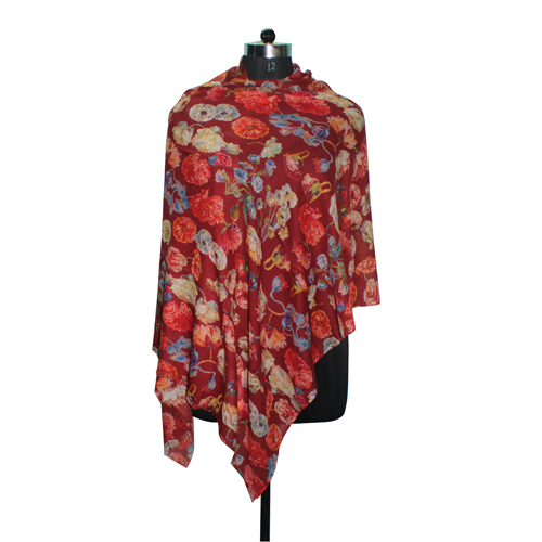 Wool Silk Digital Printed Deep Red Scarf