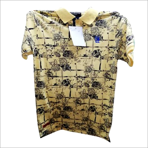 Casual T Shirt - Cotton, Sizes: XS-XXL, Color: Yellow | Short Sleeves, Collar Neck, Printed Pattern