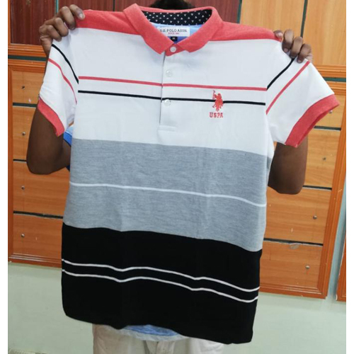 Mens Polo T Shirt - 100% Cotton, Size [XS, S, M, L, XL, XXL, XXS] | Collar Neck, Short Sleeves, Striped Pattern, Colors: White, Gray, Black, Red