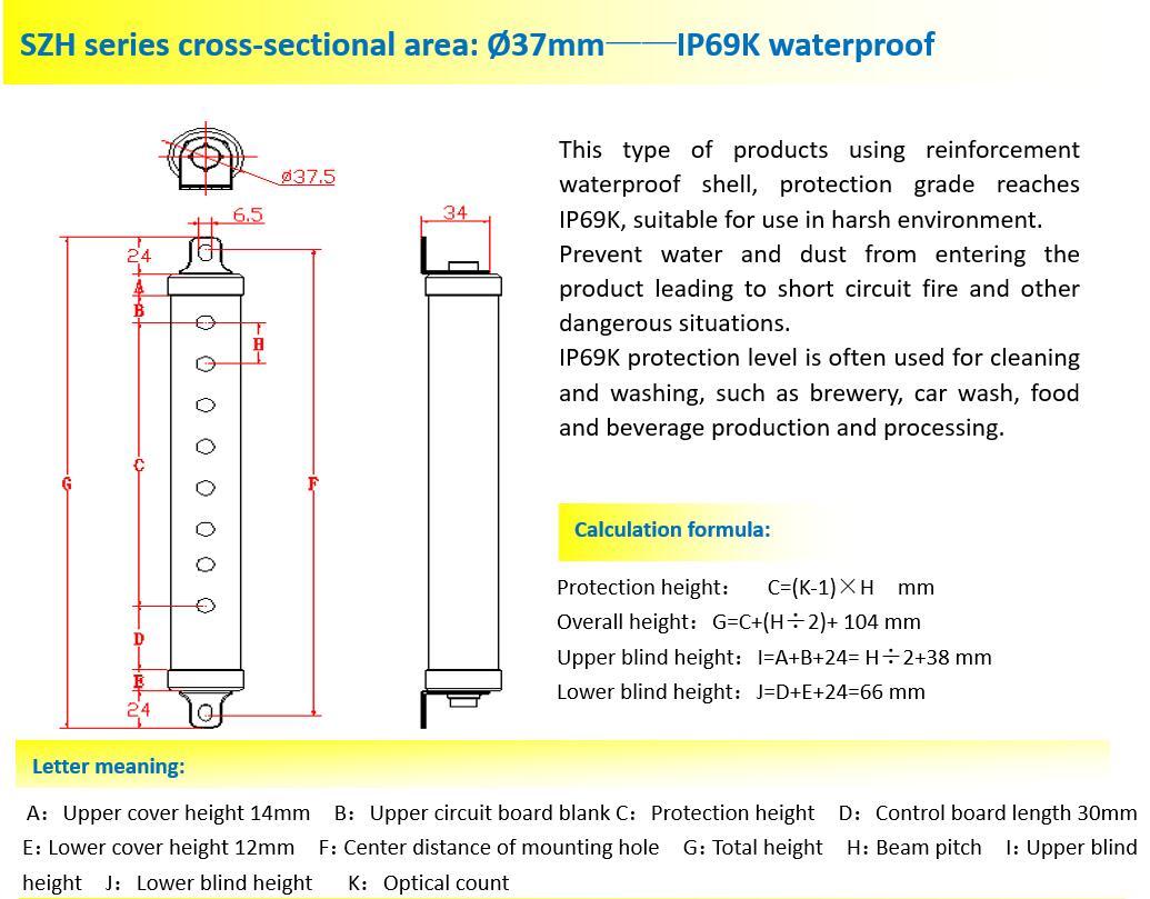 Szh Series Safety Light Curtain Cross Sectional Area D37mm Ip69k
