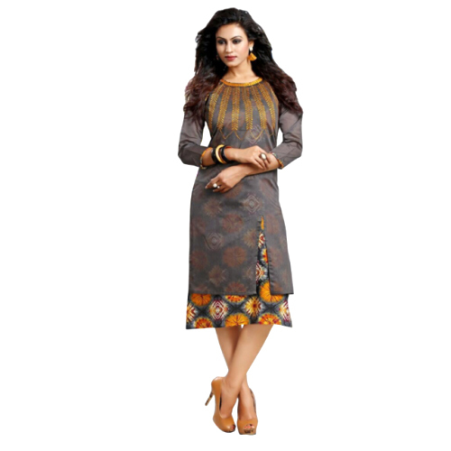 Ladies Kurtis in Cotton, Knee-Length, Round Neck | Elegant Design, Comfortable Fit, Floral Print, Three-Quarter Sleeves