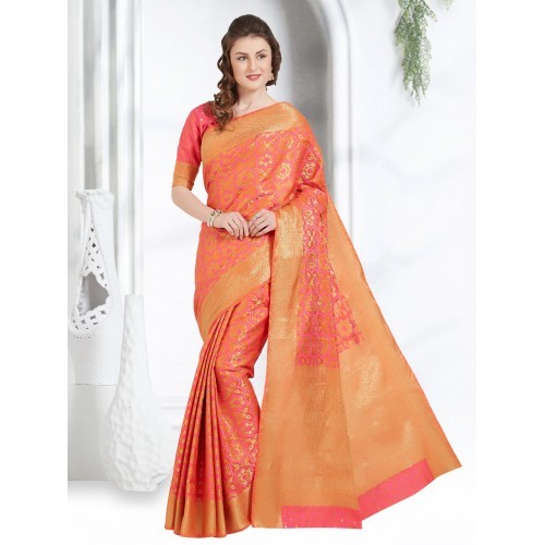 Red & Orange Saree for Ladies in Cotton Silk - 5.5m Length, 1.1m Width, Vibrant Colors, Soft Fabric, Elegant Style