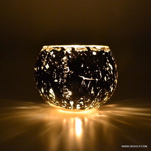 Silver Candle Votive, Mosaic Glass Bowl Votive Tealight Candle Holder