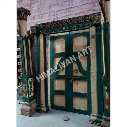 Wood Door - Solid Teak, 165x235x20 cm, Green Folding Entry Door | Finished Surface, Center Lock Handle, Wood Strip Infilling