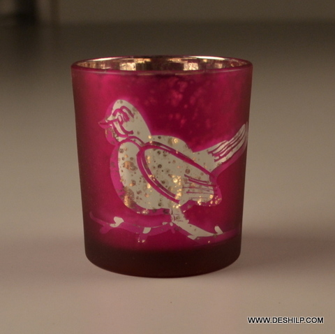 SILVER GLASS COLORFUL VOTIVE HOLDER WITH PARROT DESIGN