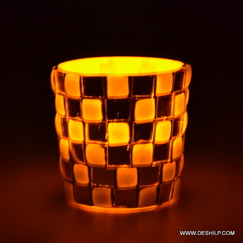 SMALL MIRROR AND GREEN COLOR MOSAIC VOTIVE HOLDER