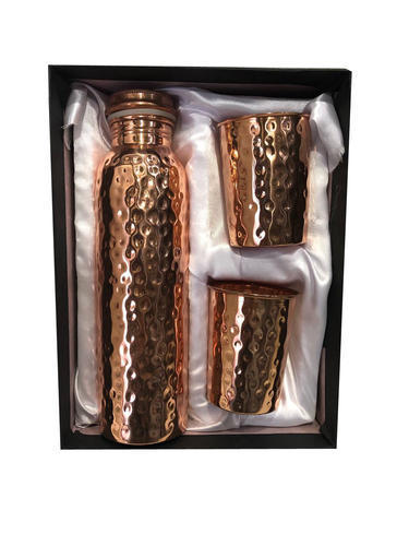 Round Copperking Copper Gift Set Hammered Bottle With 2 Glass.