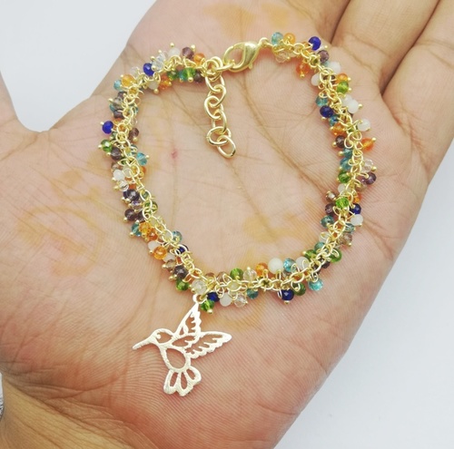 Gold Plated Multi Color Gemstone Cluster Chain Bracelet With Bird Charm Diameter: 6.5 Inch (In)