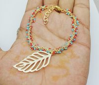 Turquoise And Red Color Smooth Round Bead Cluster Chain Bracelet With Gold Plated Charm Diameter: 6.5 Inch (in)
