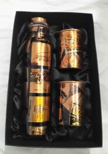 Pure Copper Printed Design Bottle & Glass Gift Set