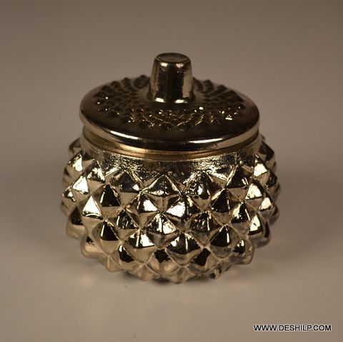 SILVER GLASS DECORATED JAR WITH GLASS LID