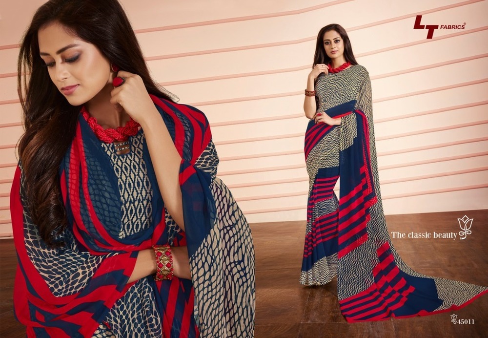 Blue And Red Weightless Georgette Sarees