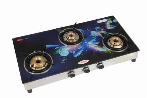 3 Burner Gas Stove - Glass Top, Manual Ignition | Elegant Blue Flower Design, LPG Compatible