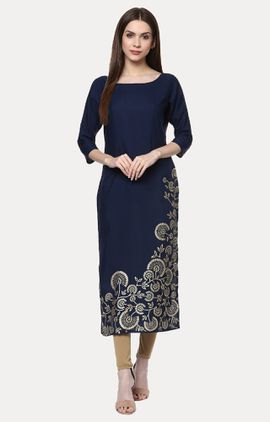 Ladies Fancy Kurti - Cotton Blend, 44 Inches Length, Navy Blue | Comfortable Fit, Elegant Look, Party Wear, Three Quarter Sleeve, Stylish Design