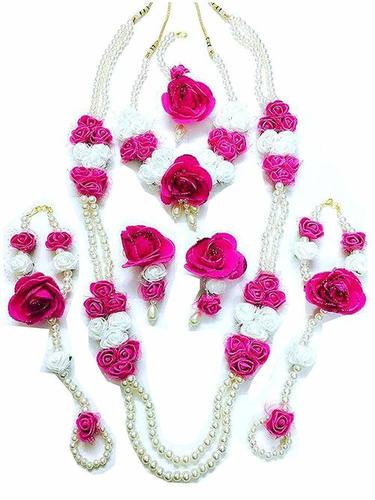 White Pink Flower Jewelry Set With 2 Necklaces Earrings Maang Tika