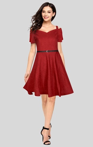 Maroon Polyster Solid V Neck Cap Sleeve Dresses