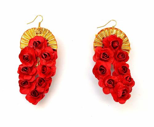 Red Flower Gota Patti Earrings For Women & Girls