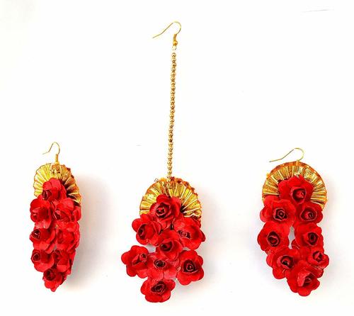 Red Flower Gota Patti Earrings And Maang Tika For Women & Girls
