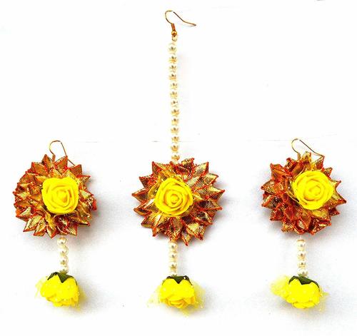 Yellow Flower Gota Patti Earrings And Mang Tika For Women & Girls