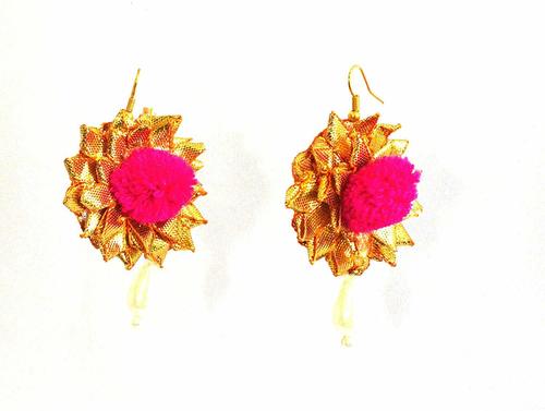 Gota Patti Earrings With Pink Pom Pom For Women & Girls