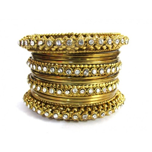 Antique Stone Bangles - Alloy, 16 Set, Antique Golden Color | Fantabulous Crafting, Polished Finish, Lightweight, Shiny Stone Accents