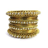 Antique Stone Bangles - Alloy, 16 Set, Antique Golden Color | Fantabulous Crafting, Polished Finish, Lightweight, Shiny Stone Accents