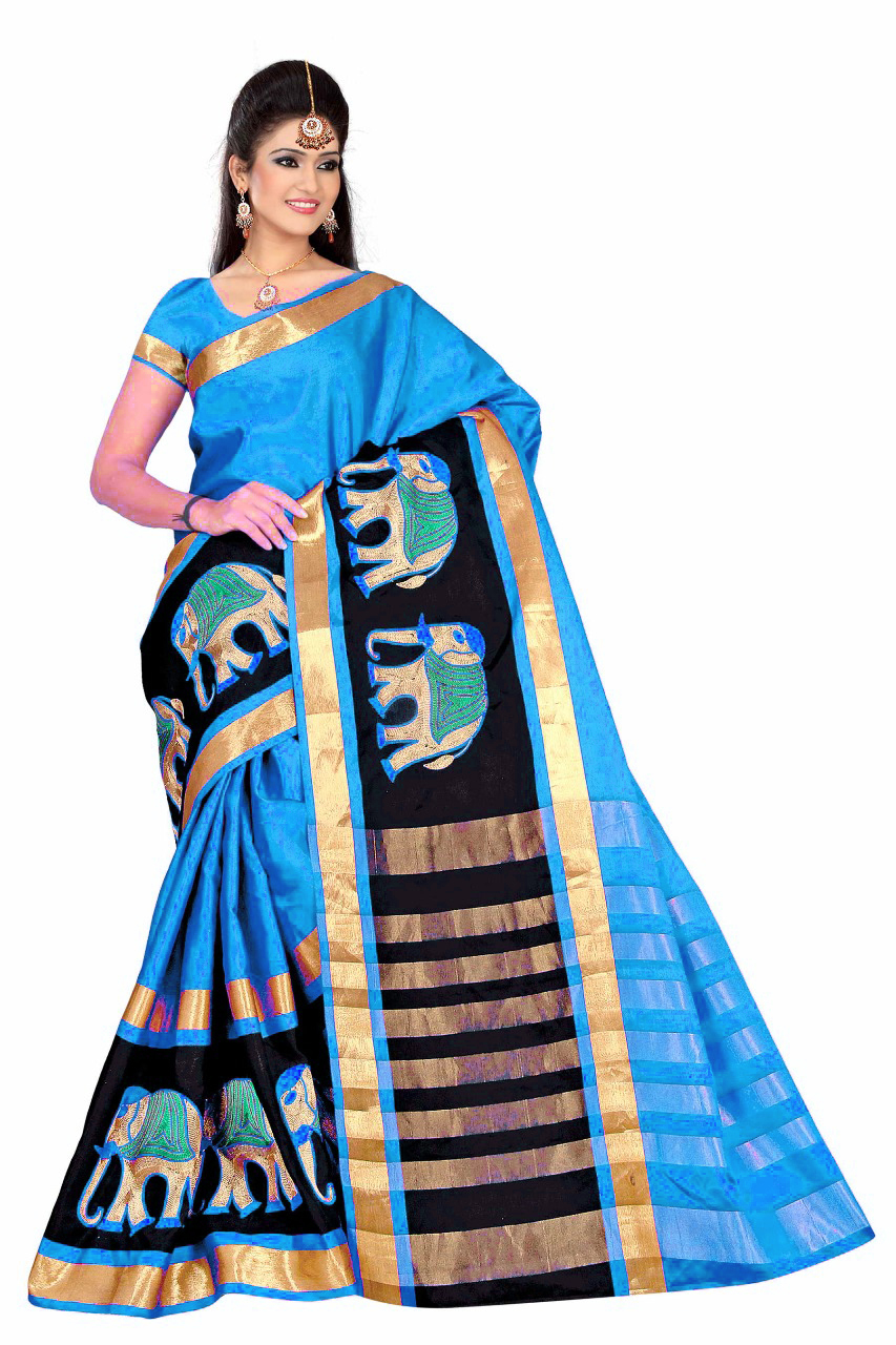 Cotton Silk Saree With Elephant Embroidery Work