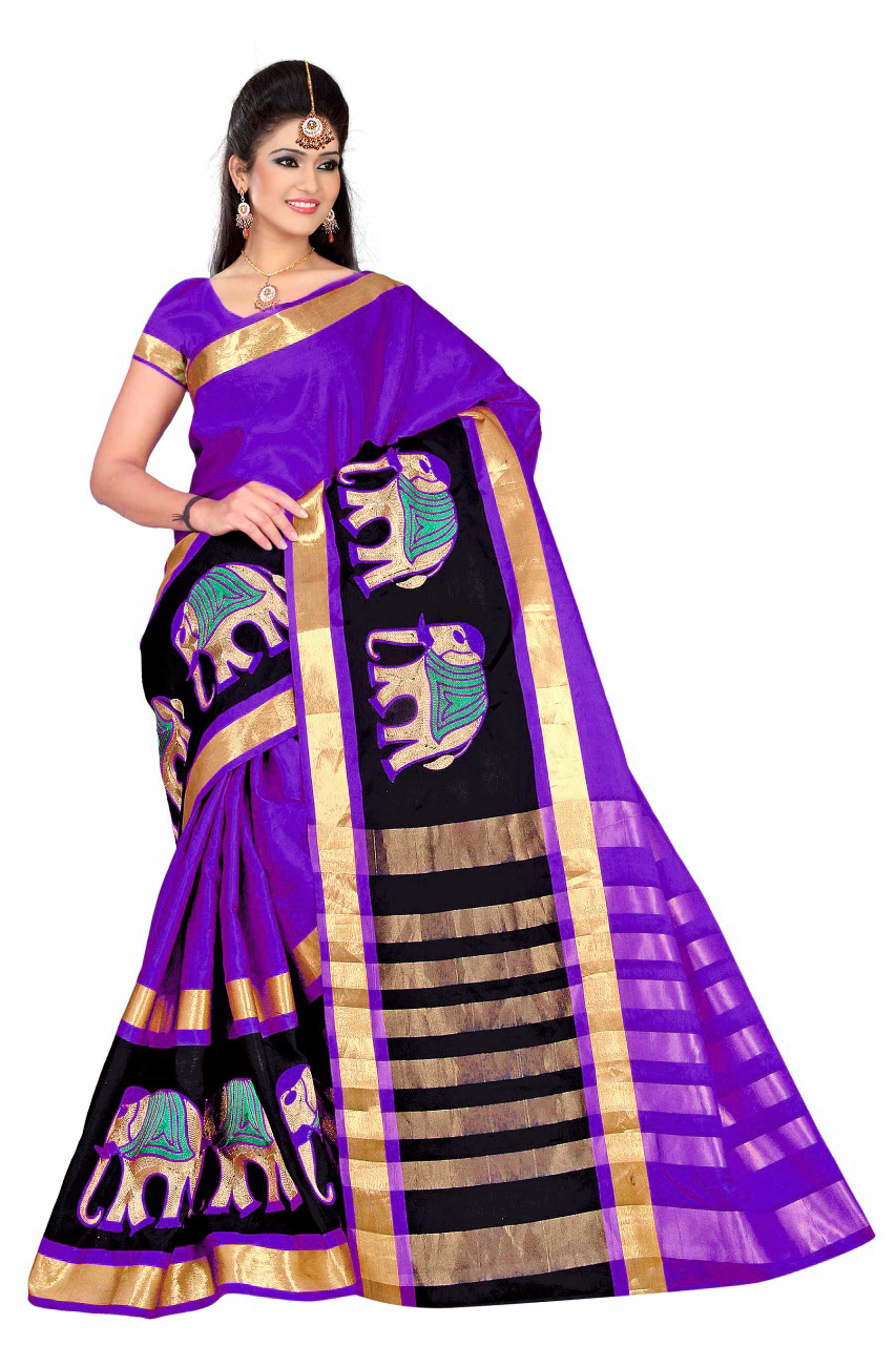 Cotton Silk Saree With Elephant Embroidery Work