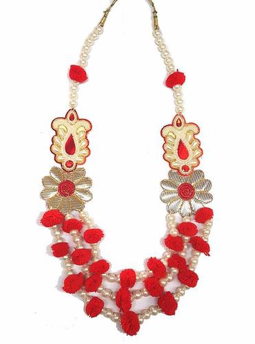 Red Pom Pom And Gotta With Pearl Handmade Jewellery Set For Women