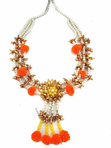 Orange Pom Pom And Golden Colour Gotta With Pearl Handmade Set .