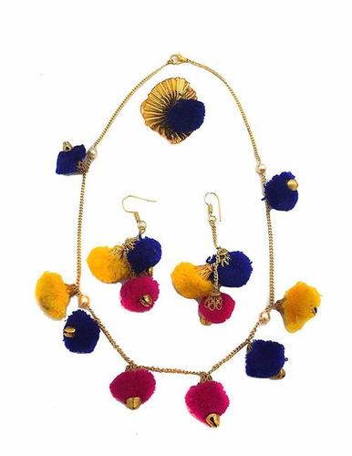 Pink Blue Pom Pom And Golden Colour Gotta Handmade Necklace By SHRI AMBIKA UDYOG