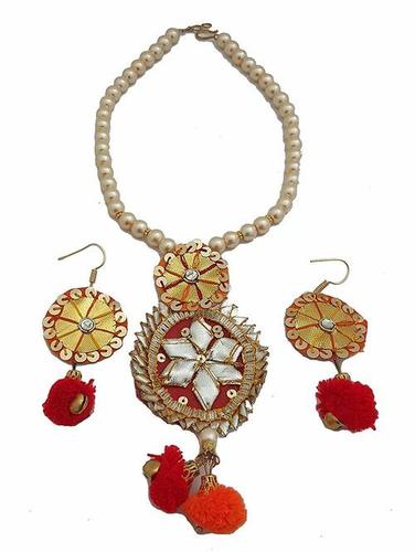 Red Pom Pom And Golden Colour Gotta Handmade Necklace Earring Set