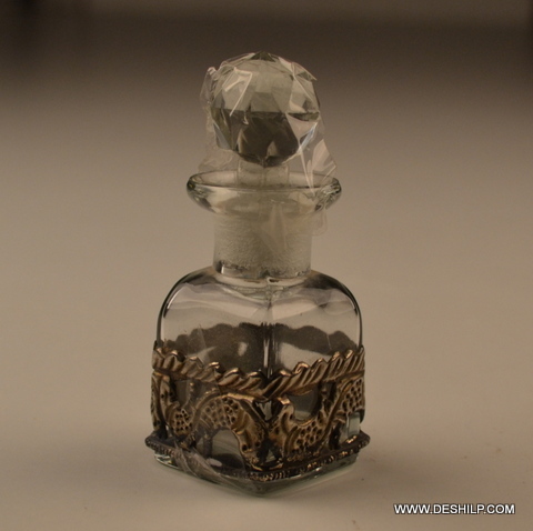 ANTIQUE GLASS PERFUME BOTTLE WITH METAL FITTING