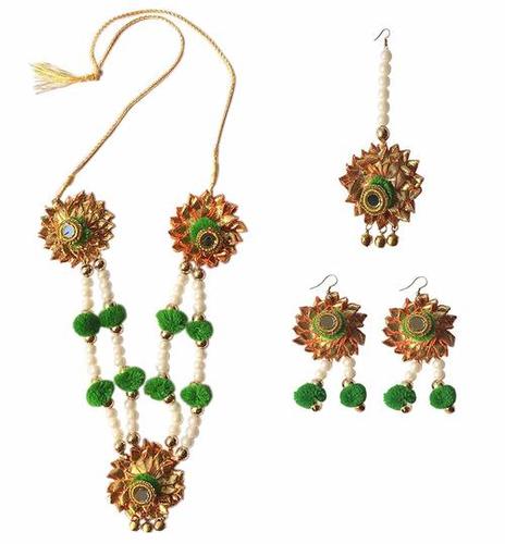 Handmade Green Gotta Patti/ Floral Necklace Jewellery Set