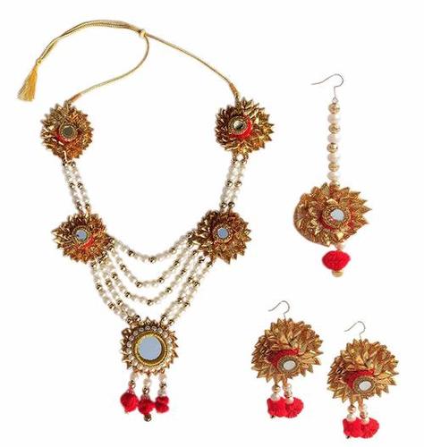 Handmade Red Gotta Patti Floral Necklace Jewellery Set For Indian