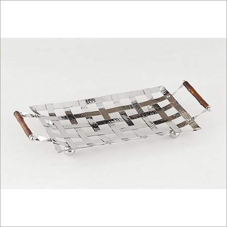 Woven Steel Tray With Bamboo Handle