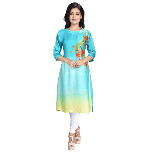Crepe Digital Printed A-Line Kurti - Polyester Fabric, Customized Size, Alluring Blue Color Shade , Trendy Boat Neck Design Perfect for Rainy Spring & Winter