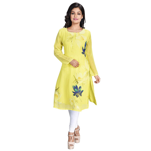 Georgette Digital Printed Straight Kurti - Polyester Material Customized Size | Trendy Full Sleeve Design for Daywear and Tea Parties