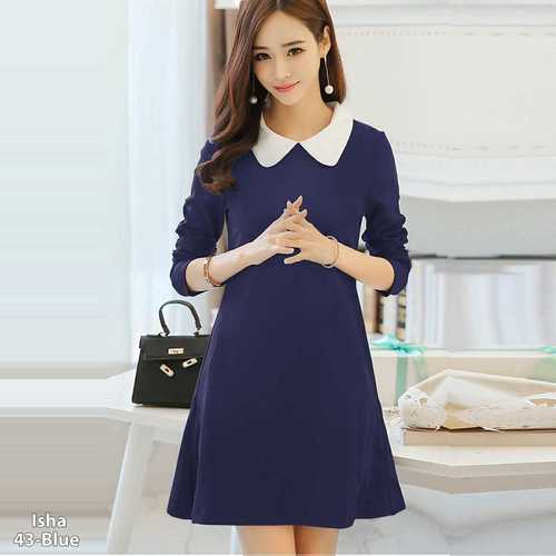 Ladies One Piece Western Blue Color With White Colar Dress - Ethnic Region: Indian