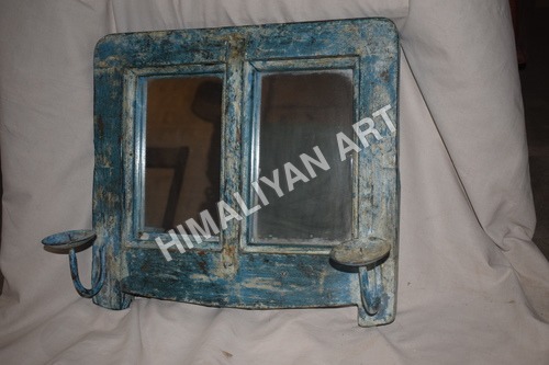 Wooden Mirror Candle Stand - 37x41 cm | Antique Imitation, Solid Wood, Polished Finish