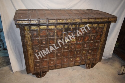 Wooden Brass Fitted Box - Solid Wood, 106 cm Height x 145 cm Width | Crafted Artwork, Folded Design, Indian Style Indoor Furniture