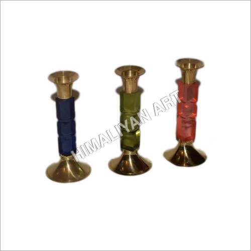Brass Candle Holder - 8x15x8 cm | Antique Imitation Style, Gold Coated Finish, Decorative Glass Cubic Stones