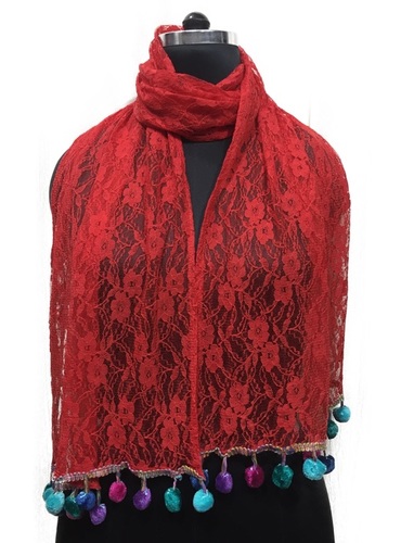 Cotton Lace Pumpum Stoles - 50x180 cms | Assorted Colors, Lightweight Fashion Accessory for Women