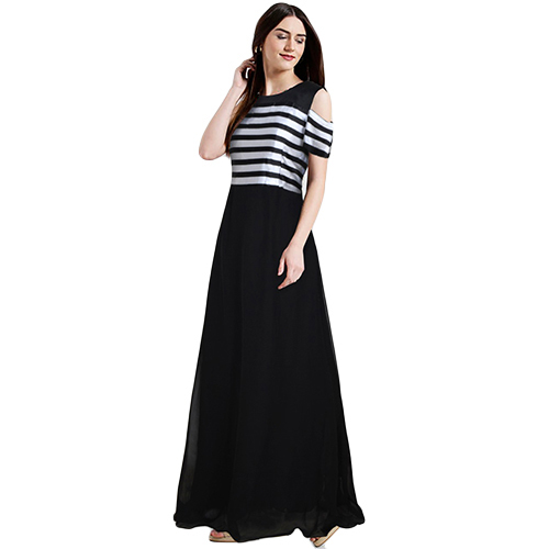 Printed Ladies Georgette Black Double Flared Maxi Dress
