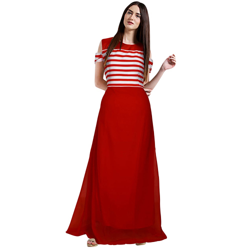 Plain Ladies Georgette Red Double Flared Maxi Dress