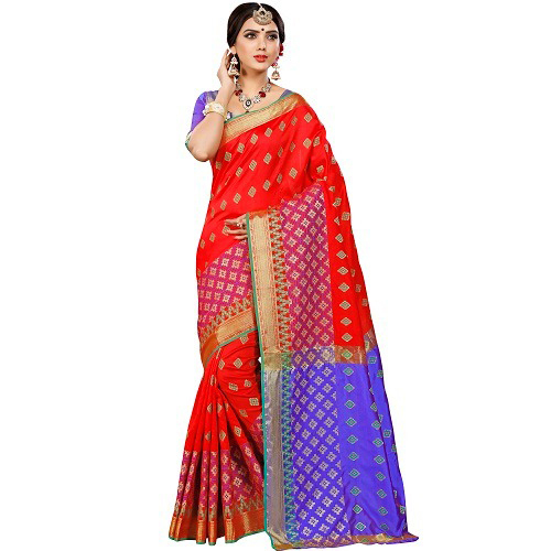 Red & Purple Ladies Banarasi Printed Saree