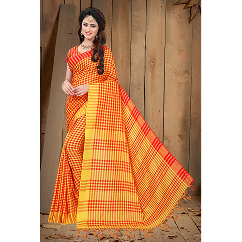 Yellow & Red Ladies Orange Banarasi Printed Saree