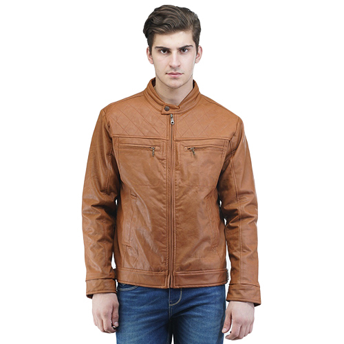 Mens Brown Faux Leather Jacket Decoration Material: Feather
