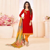 Slub Cotton Embroidered Straight Suit - Free Size, Orange And Red With Hand Work, Tussle Dupatta, Elegant Casual Wear