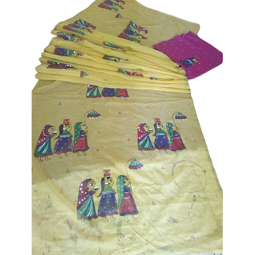 Cotton Silk Hand Painted Yellow Saree